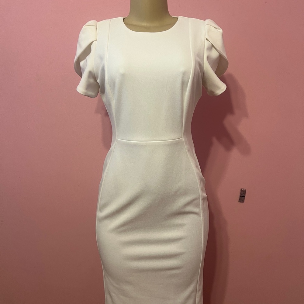 Calvin Klein Collection White Midi Dress with Ruffle Sleeves